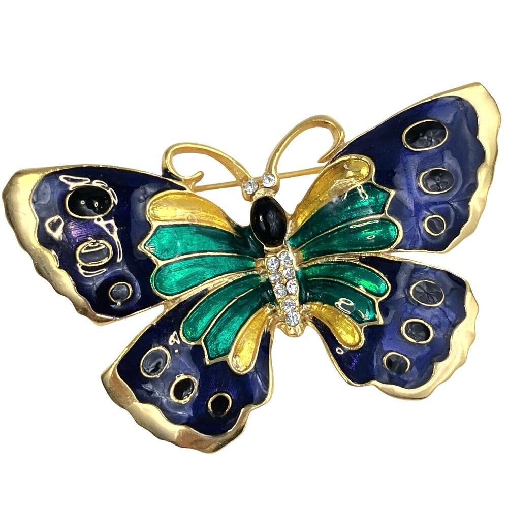 VTG 1980s Gold Tone Enamel Butterfly Brooch Blue Green Glass Rhinestone Pin